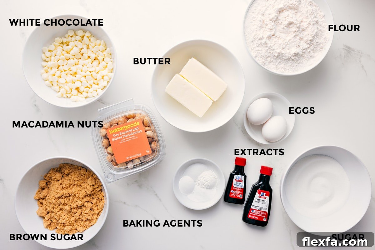 Ingredients In This Recipe For Macadamia Nut White Chocolate Cookies All the ingredients in this recipe prepped out for easy assembly including the white chocolate, macadamia nuts, brown sugar, butter, flour, eggs, extracts, sugar, and baking agents.