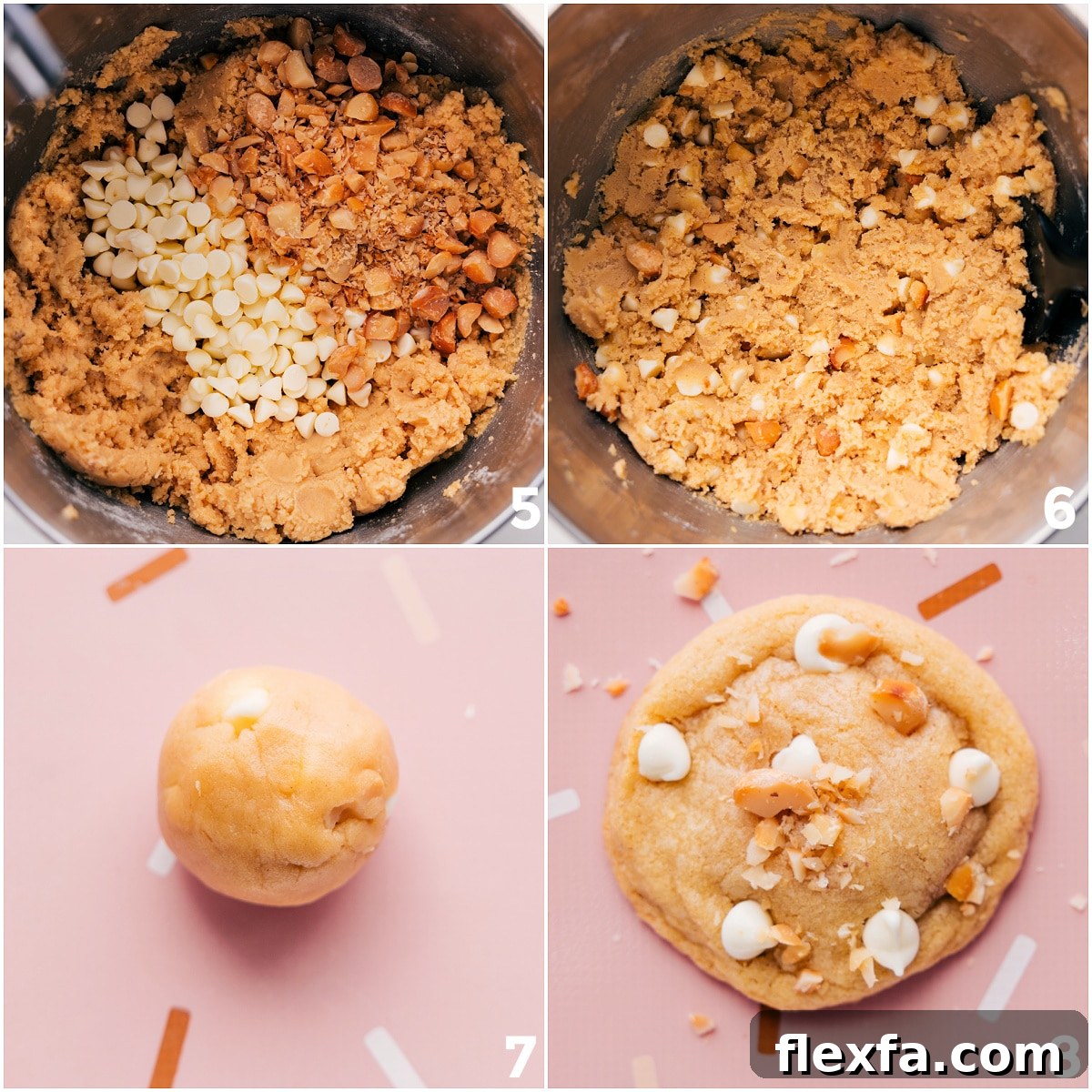 Baking Up This Recipe For Macadamia Nut White Chocolate Chip Cookies Chocolate chips and nuts added to the dough, then rolled into balls and baked