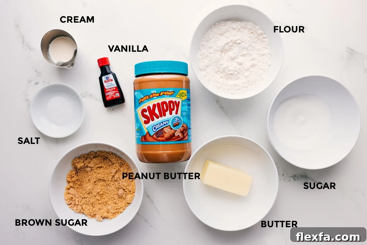 All the ingredients in this recipe prepped out for easy assembly including the cream, vanilla, salt, brown sugar, peanut butter, flour, sugar, and butter.