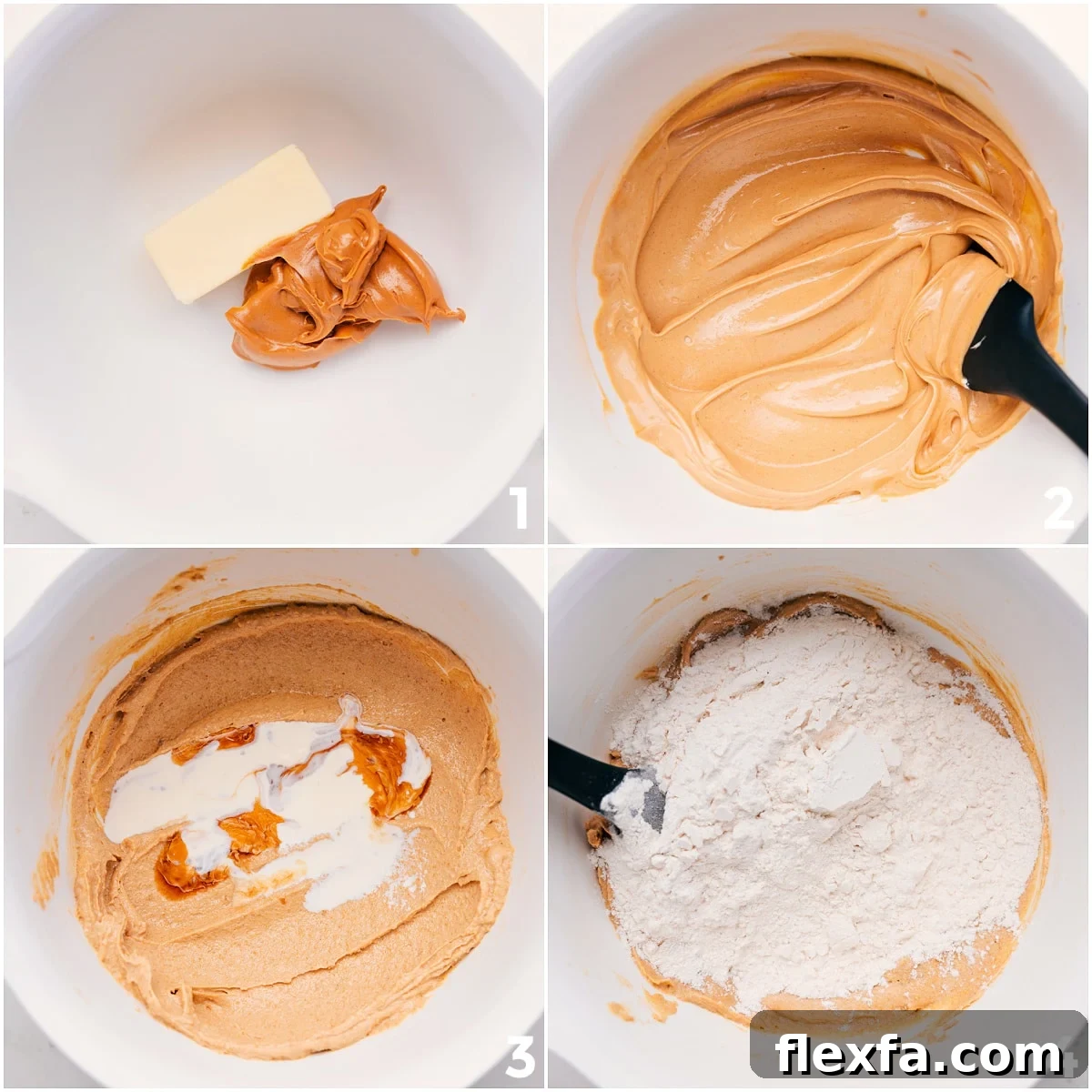 Peanut butter and butter being beaten together, then sugar, vanilla, salt, and heat-treated flour added for Peanut Butter Edible Cookie Dough.