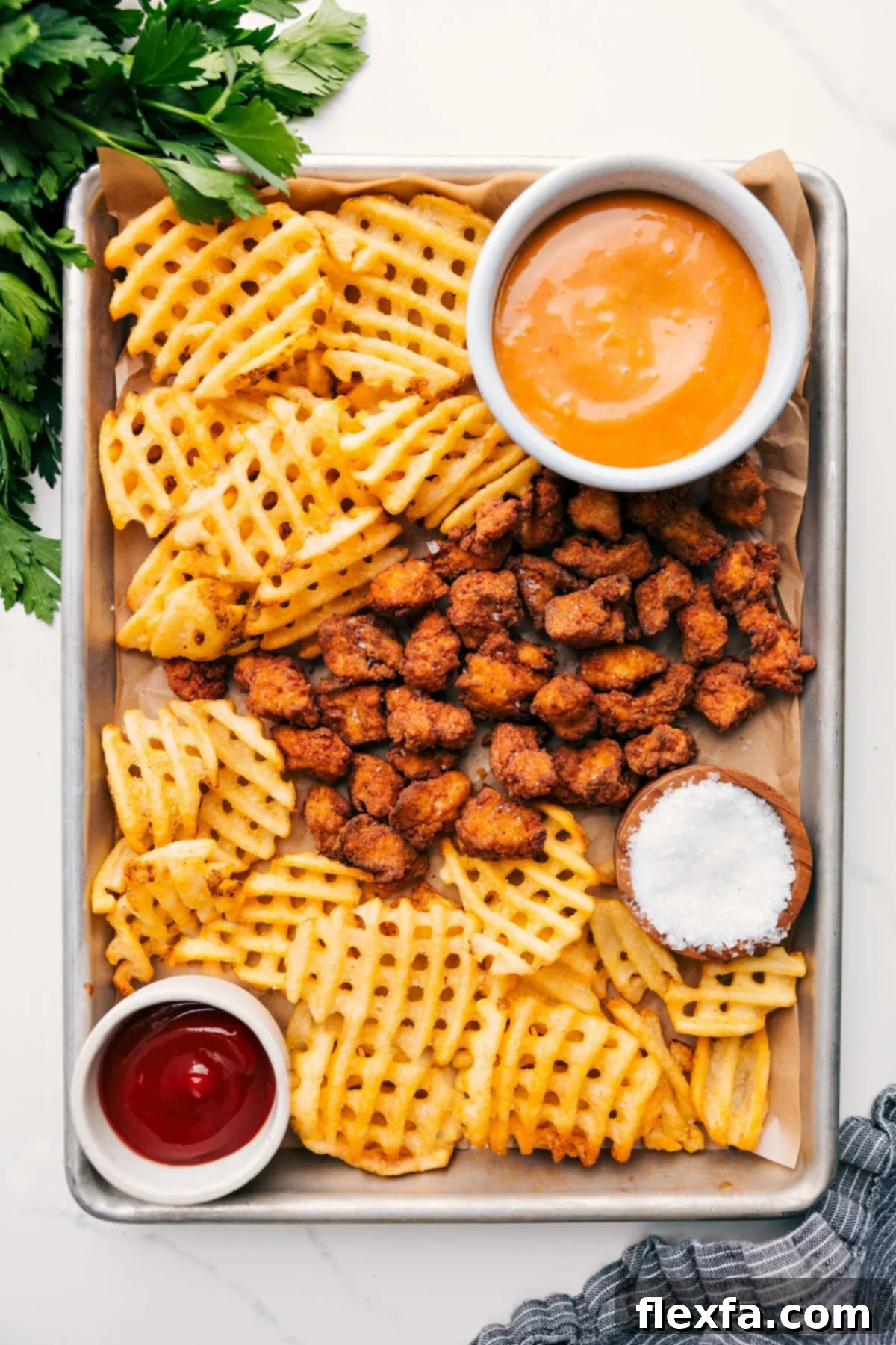 A tray of homemade copycat Chick-fil-A Nuggets served on a baking sheet with waffle fries and a bowl of signature dipping sauce.