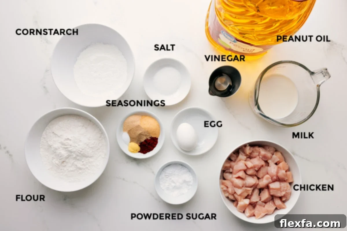 A spread of all the necessary ingredients for the Chick-fil-A nuggets recipe, including chicken, milk, flour, cornstarch, peanut oil, and a variety of seasonings.