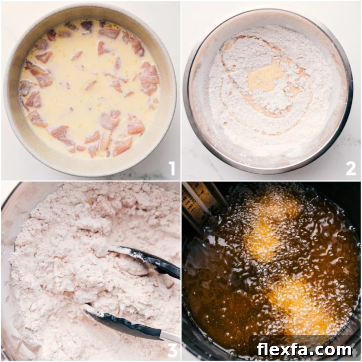 A visual collage showing the steps to make Chick-fil-A nuggets: marinating chicken, coating it in seasoned flour, and frying it to a golden brown.