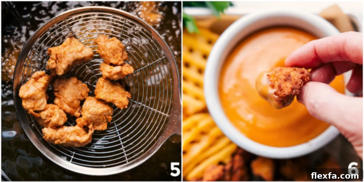 A perfectly fried homemade Chick-fil-A nugget being dipped into a small white bowl of copycat sauce.