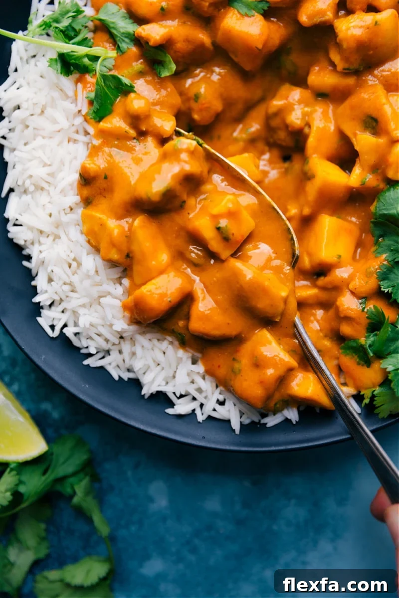 Asian chicken recipes: mango chicken curry over rice.
