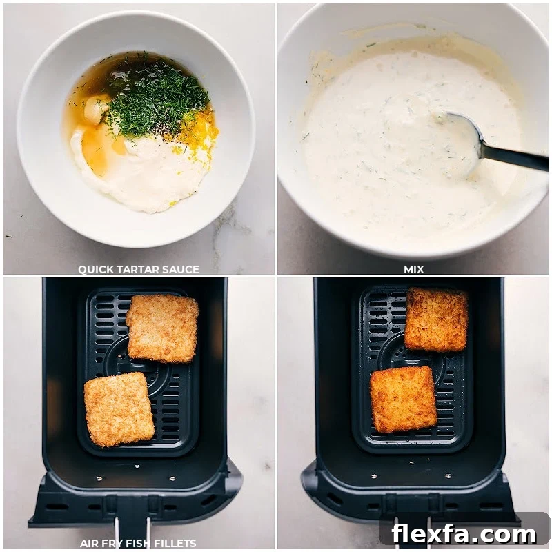 Process shots: Combine tartar sauce ingredients and mix; fry fish fillets in the air fryer.