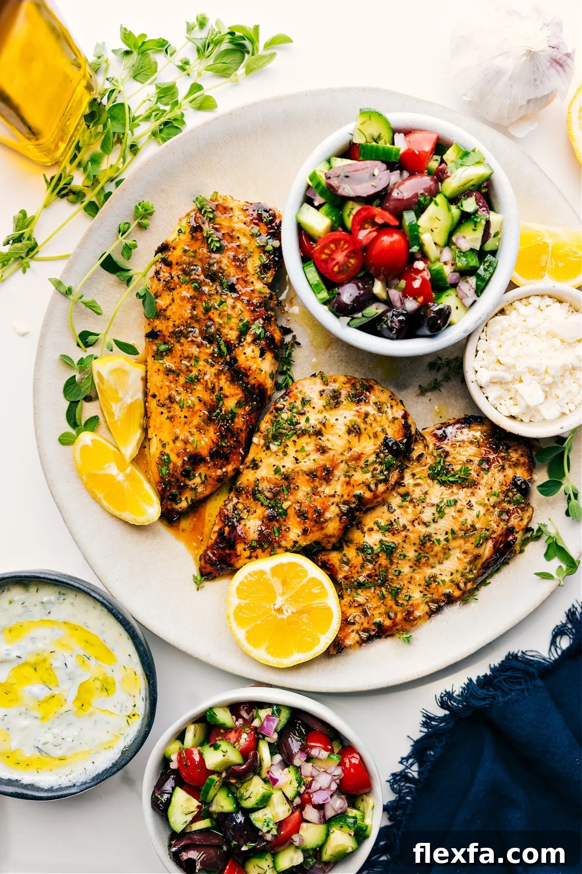 The best marinated chicken on a plate with fresh lemon, cucumber tomato salad, and tzatziki on the side.