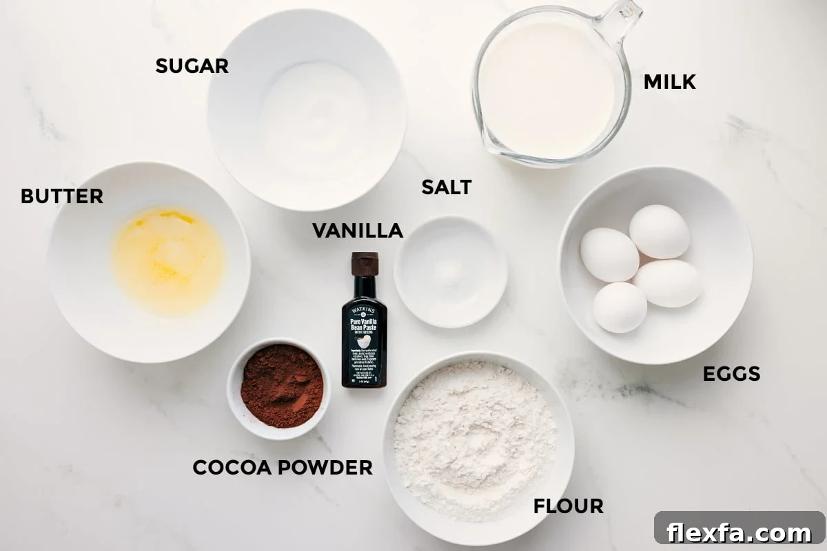 All the ingredients for this recipe prepped and ready for easy assembly, including butter, sugar, cocoa powder, vanilla, salt, flour, eggs, and milk.