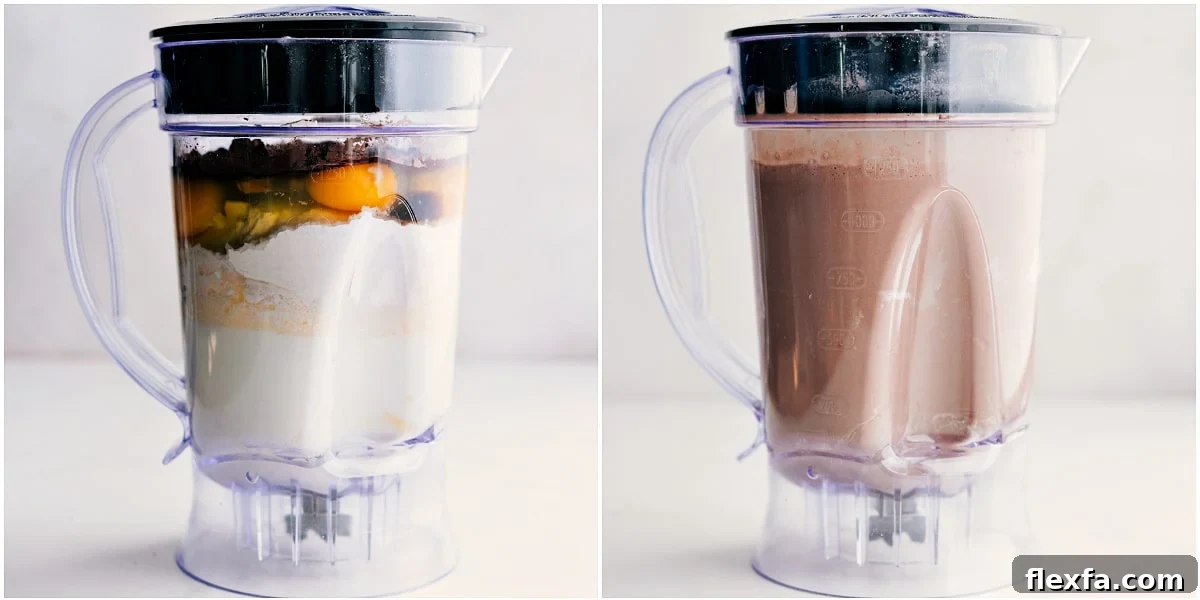 Chocolate crepe batter added to a blender and blended until smooth and creamy.