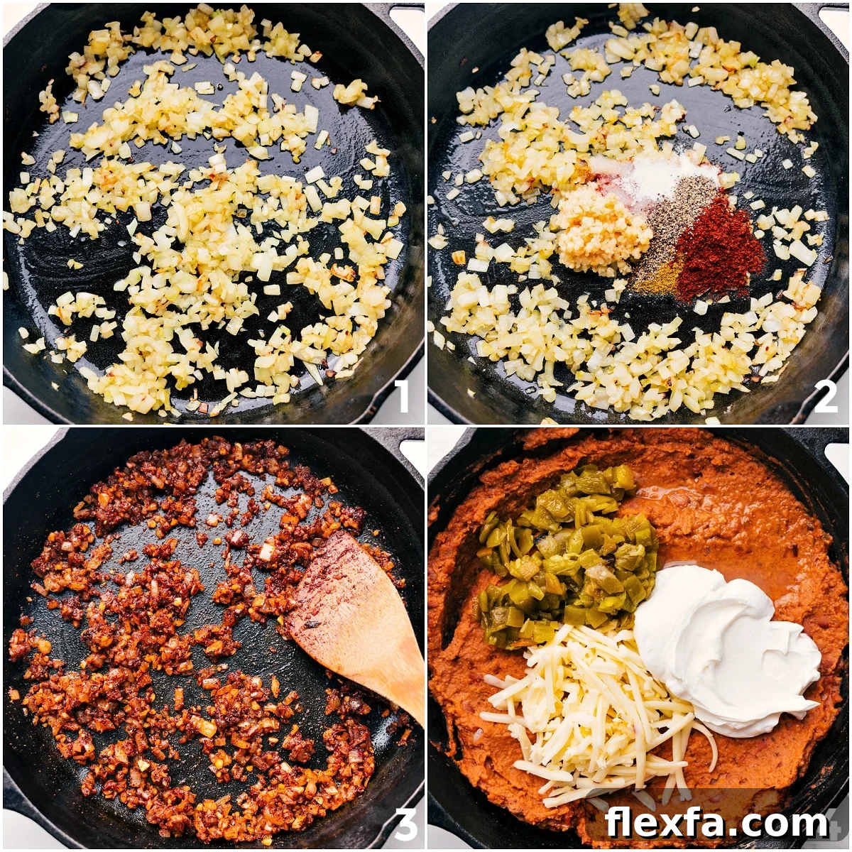 Vegetables sautéing in a skillet with seasonings, while the remaining ingredients for this Refried Bean Dip are added in.