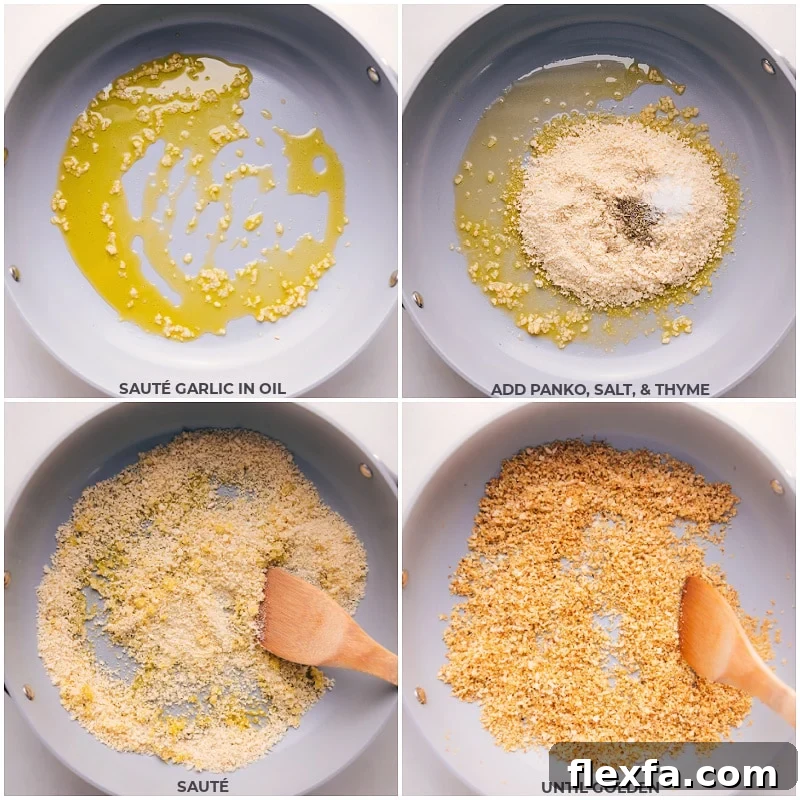Process shots of the garlic being sautéed and panko toasting