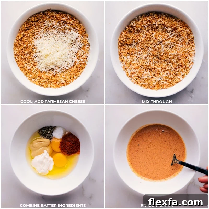 Parmesan being mixed into toasted panko