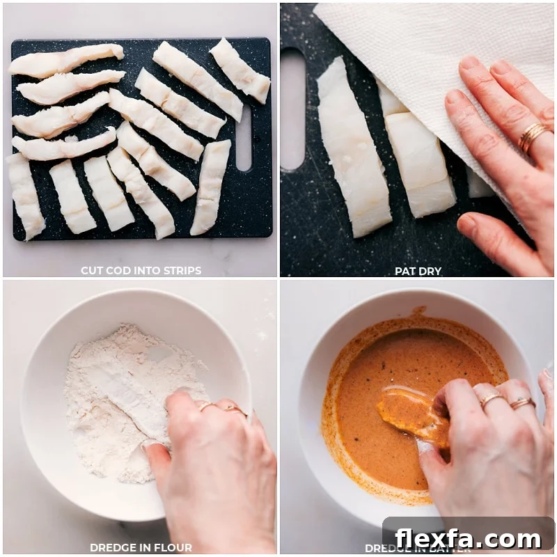 Cod cut into strips and being dredged