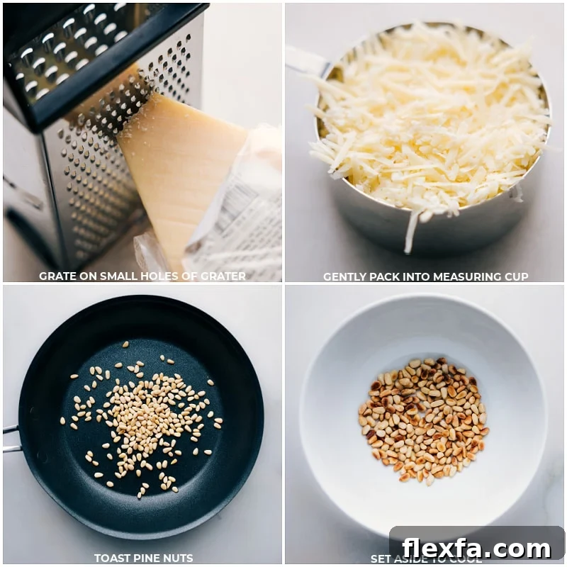 Process shots-- images of the cheese being grated and the pine nuts being toasted