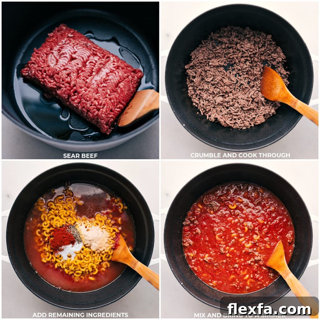 Cooking ground beef and combining ingredients in a pot.