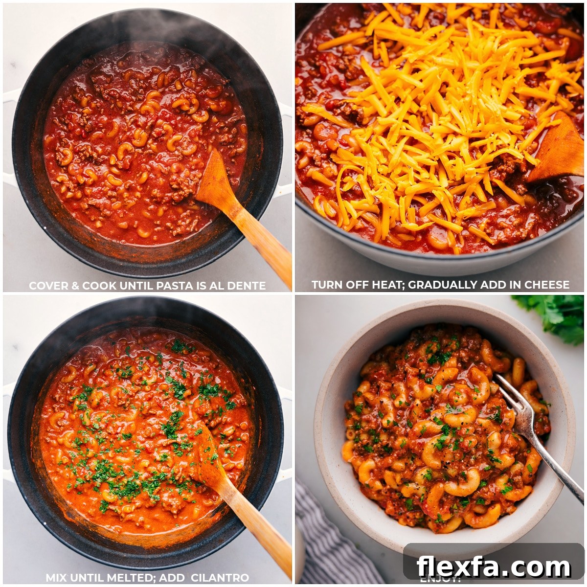 Adding Cheese and Cilantro to Homemade Hamburger Helper and Serving in a Bowl