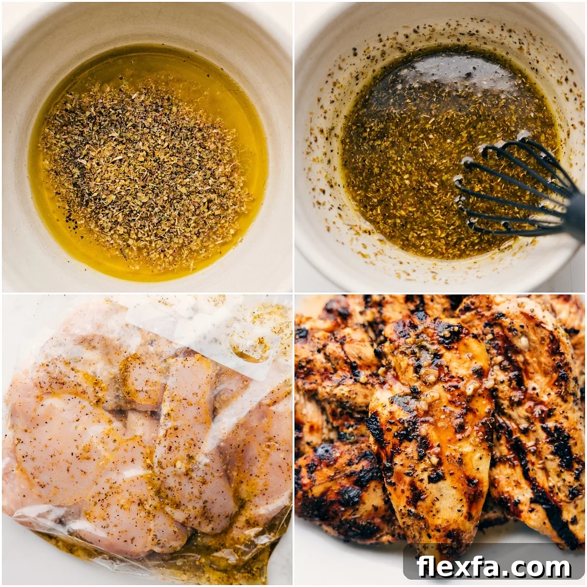 Lemon Garlic Chicken Marinade ingredients whisked together in a bowl, added to a bag with chicken to marinate, then grilled until perfectly cooked.