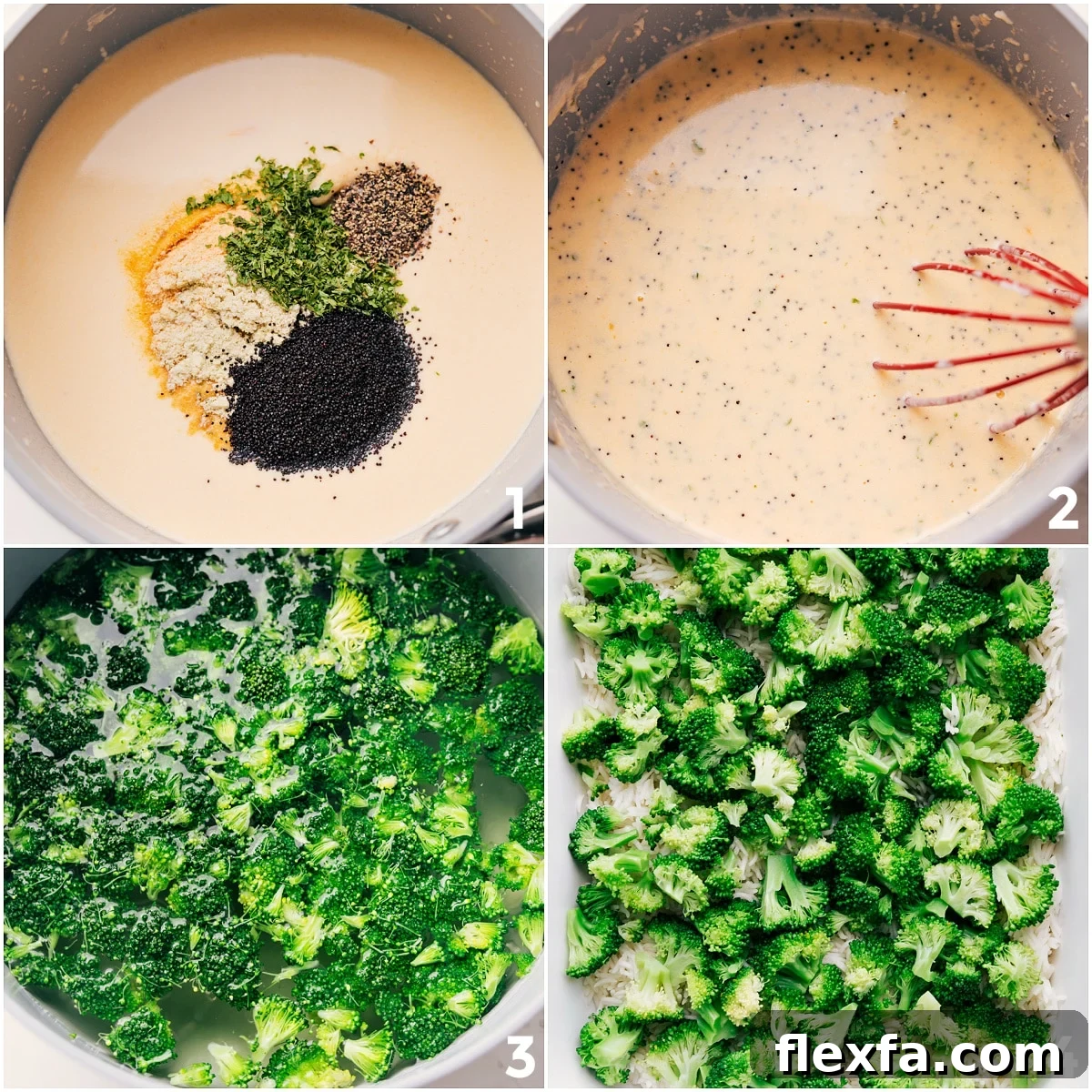 Cheesy cream sauce being whisked in a pot, broccoli cooking, and Poppy Seed Chicken Casserole being layered in a 9x13-inch pan.