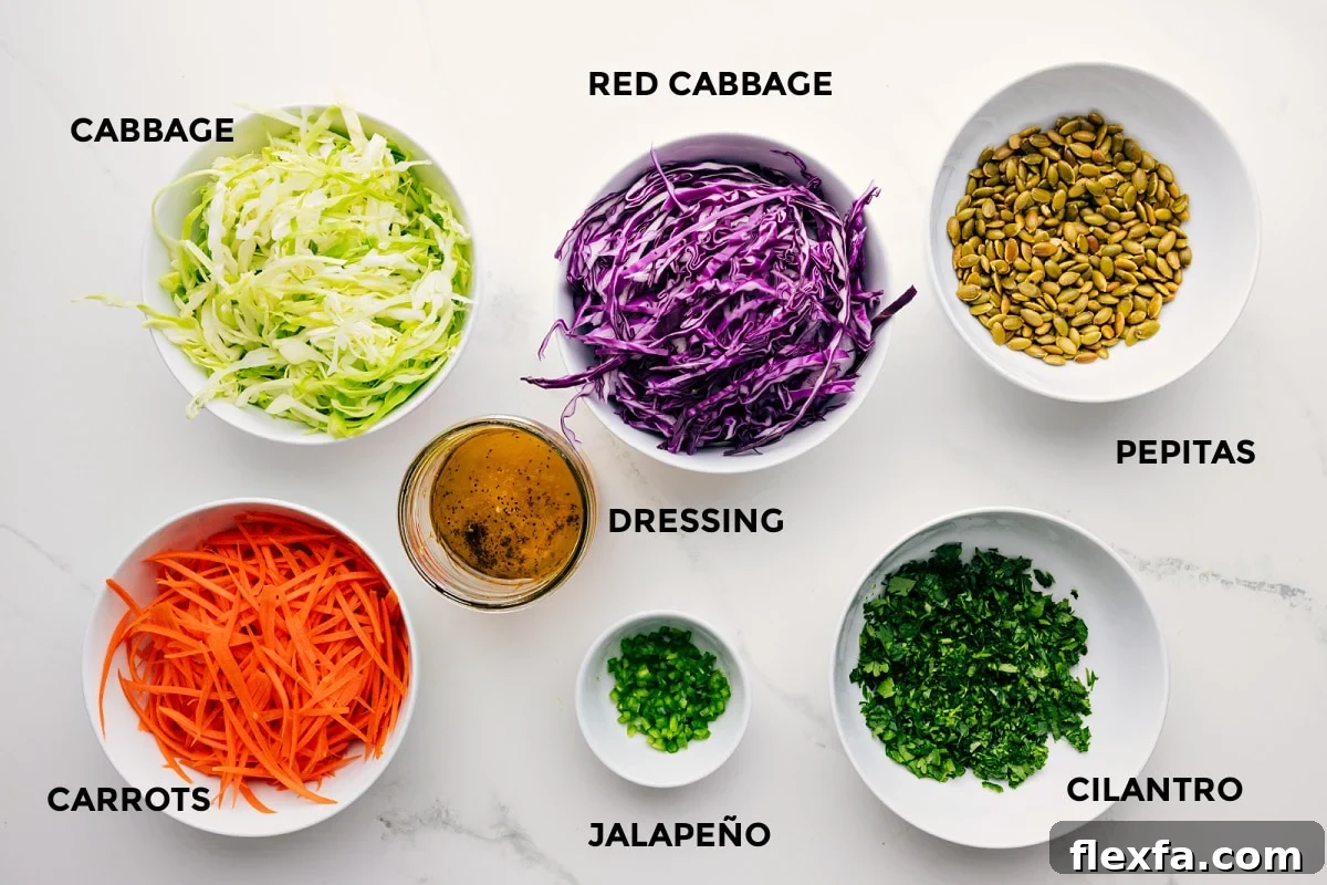 Ingredients prepped for easy assembly, including green and red cabbage, carrots, jalapeño, cilantro, pepitas, and dressing.