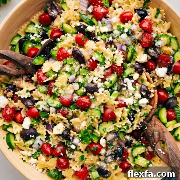 Easy Greek Pasta Salad in a bowl ready to be served.