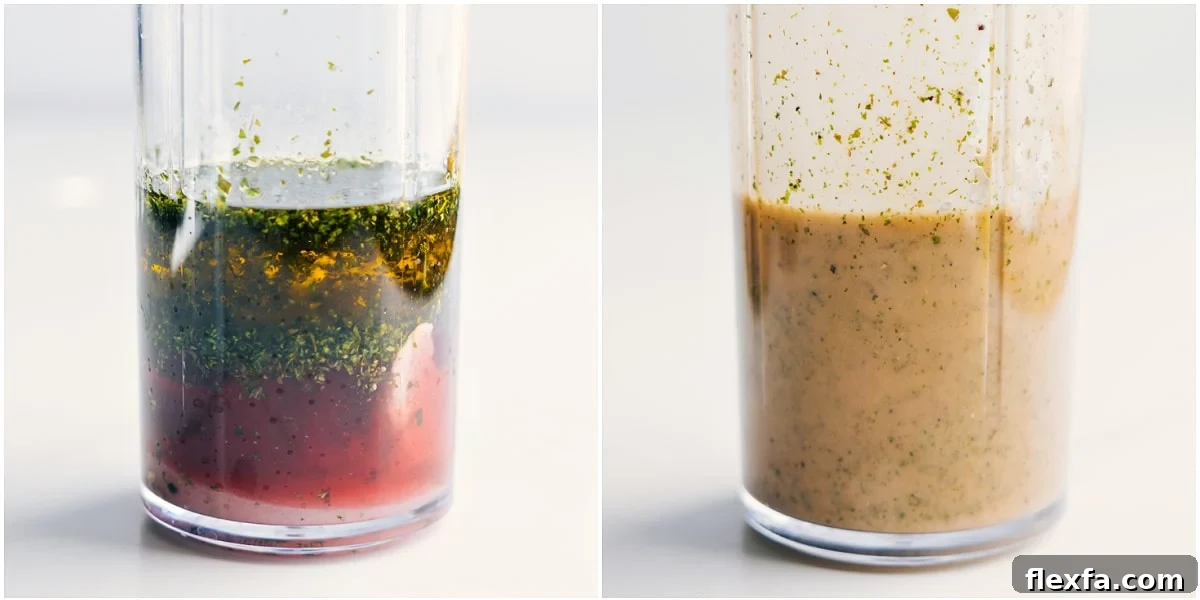 The dressing being blended in a small blender until combined.