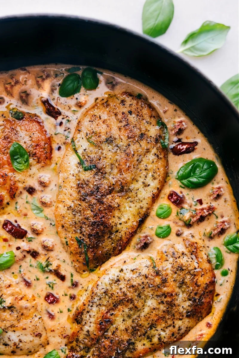 Italian recipes Marry Me Chicken with creamy sun-dried tomato Parmesan sauce and herbs.