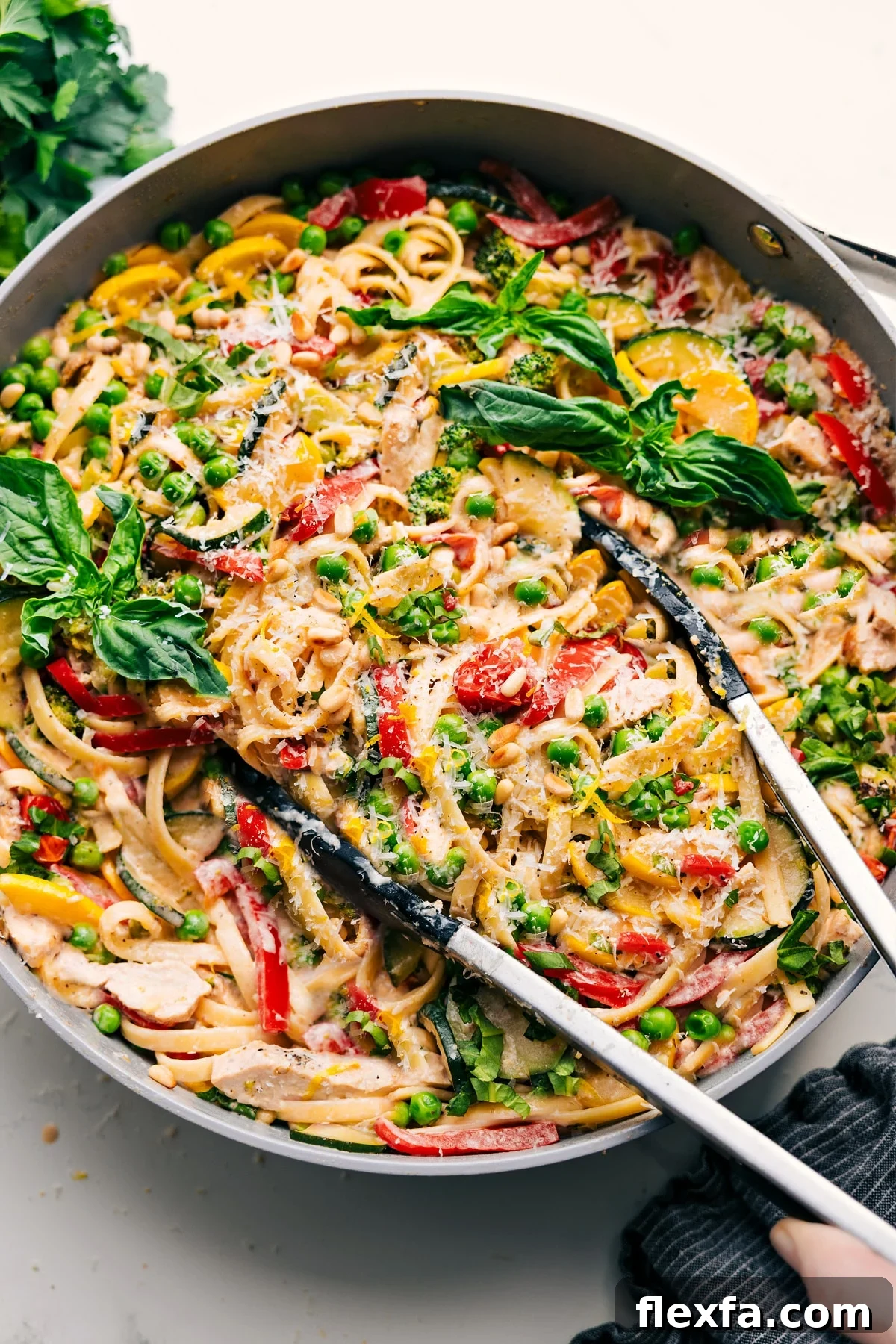 Chicken primavera with creamy pasta, fresh vegetables, chicken, and basil.