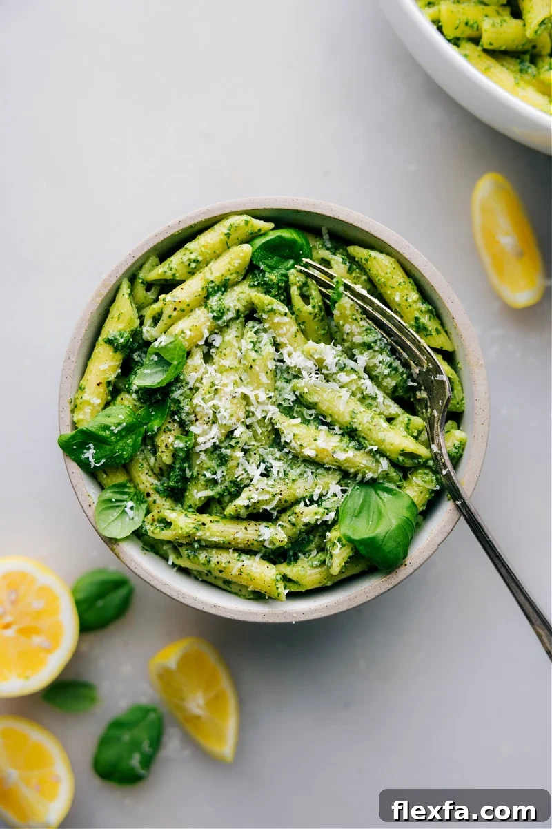 20 minute pesto pasta recipe in a bowl.