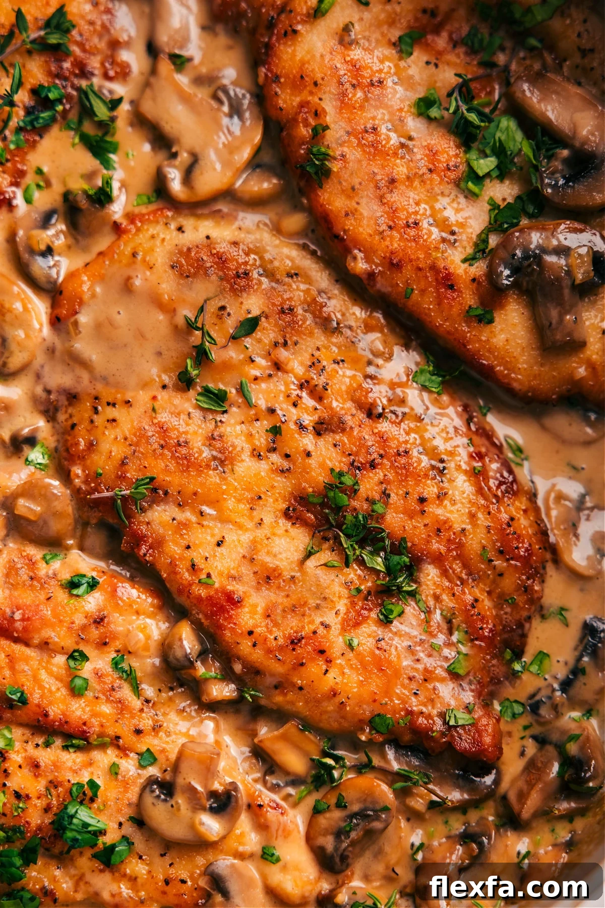 Chicken Marsala topped with fresh herbs.