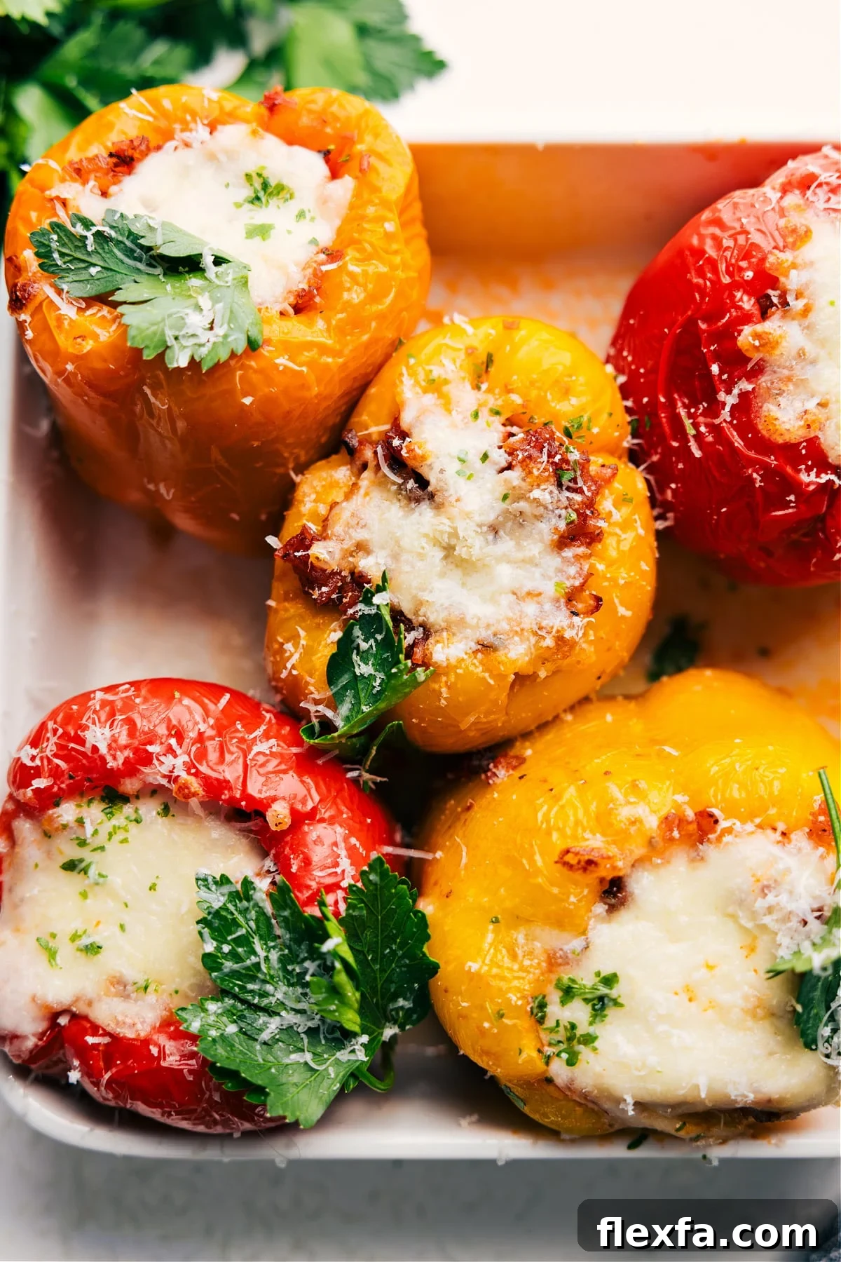 Stuffed peppers filled with sausage, marinara, rice, and melted cheese.