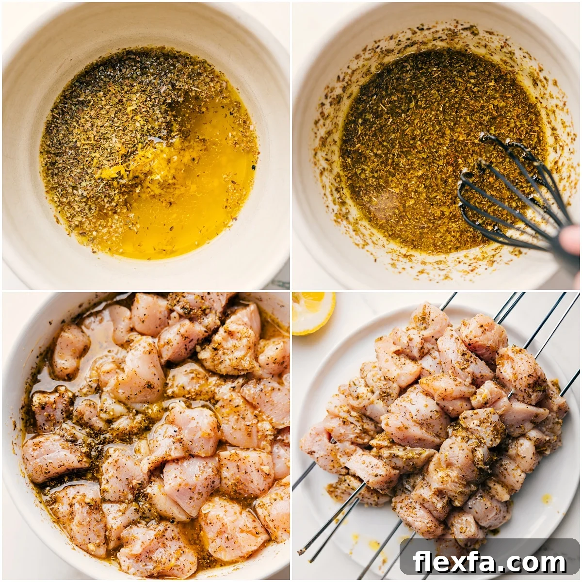 Chicken Souvlaki marinade being whisked together, then chicken pieces threaded onto skewers.