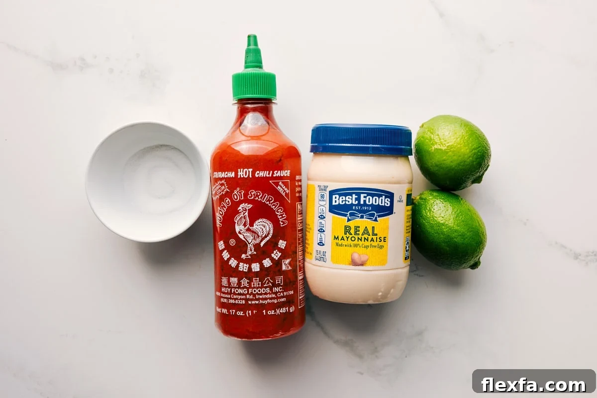 Sugar, mayonnaise, lime, and sriracha prepped for easy assembly of the quick sauce.