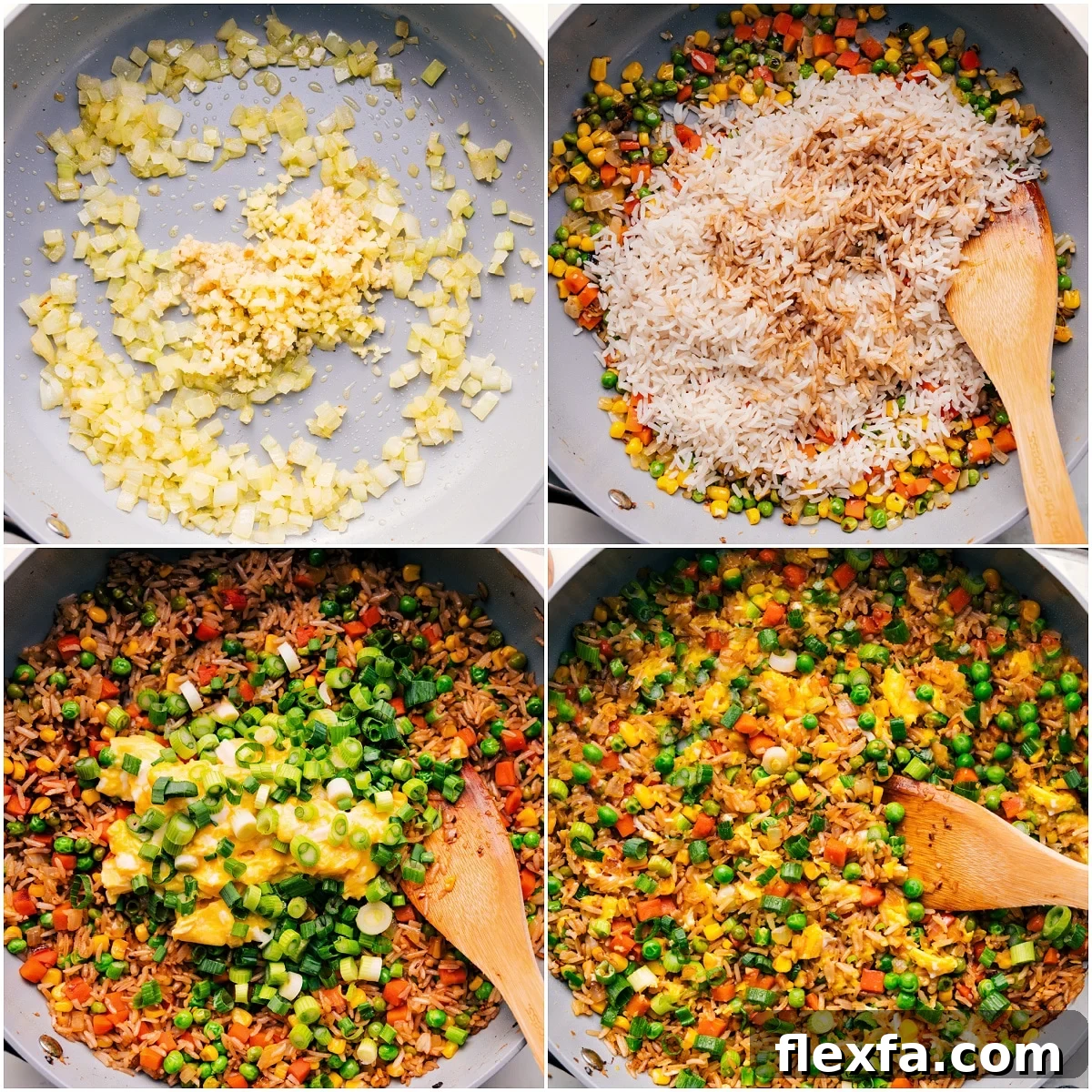 Onion and garlic sautéed before adding rice, vegetables, eggs, and green onions to make the fried rice.