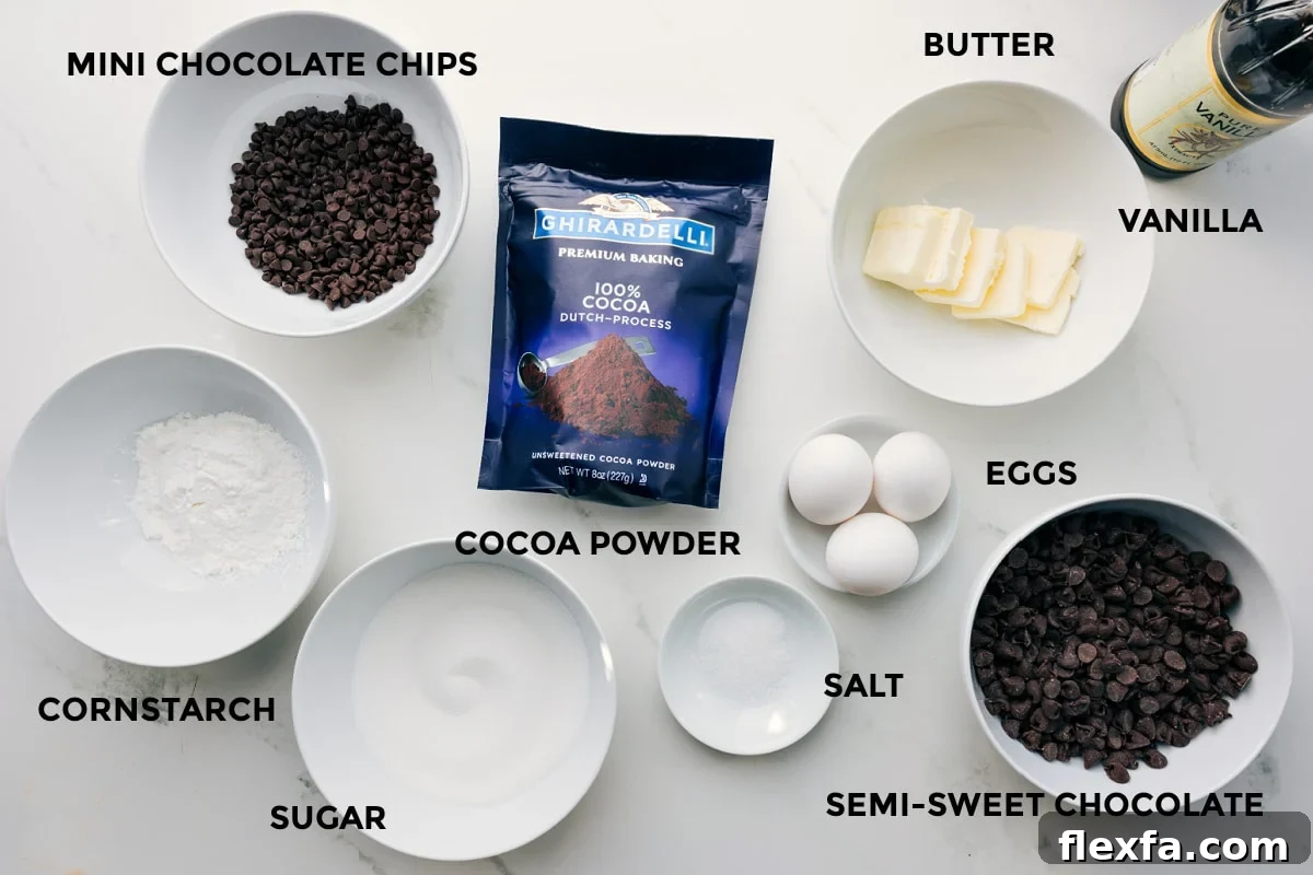 Ingredients prepped for easy assembly including chocolate chips, cornstarch, sugar, cocoa powder, salt, eggs, butter, and vanilla.
