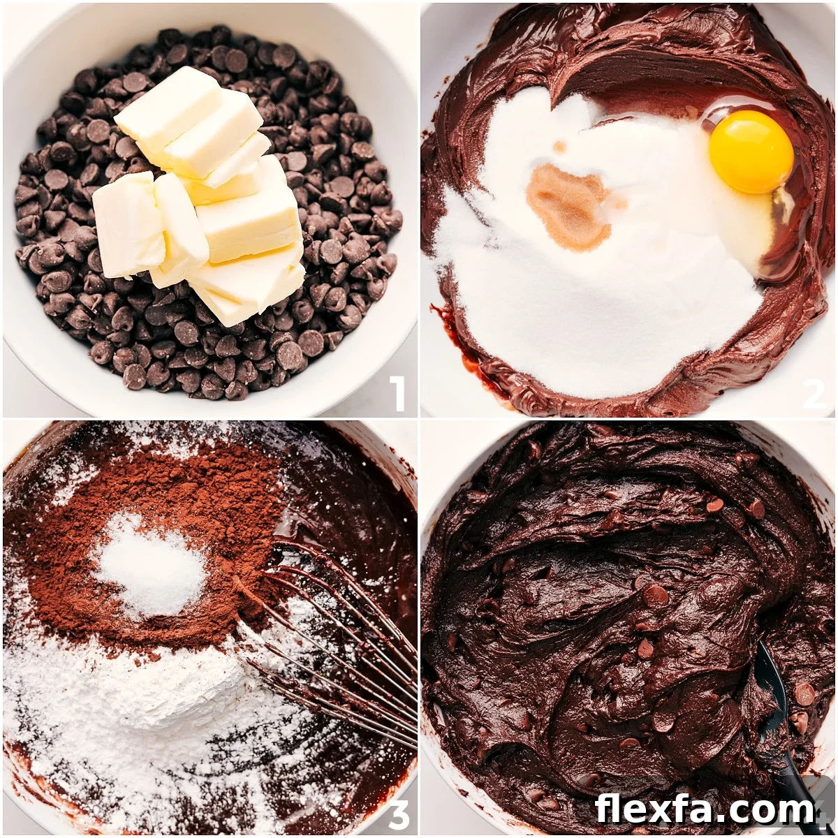 Butter and chocolate chips melted together before adding the sugar, eggs, and dry ingredients.