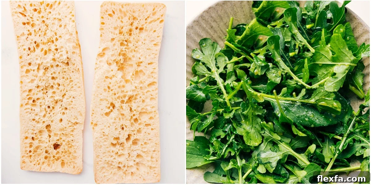 Ciabatta bread being toasted while the greens are tossed with a quick dressing for the sandwich.
