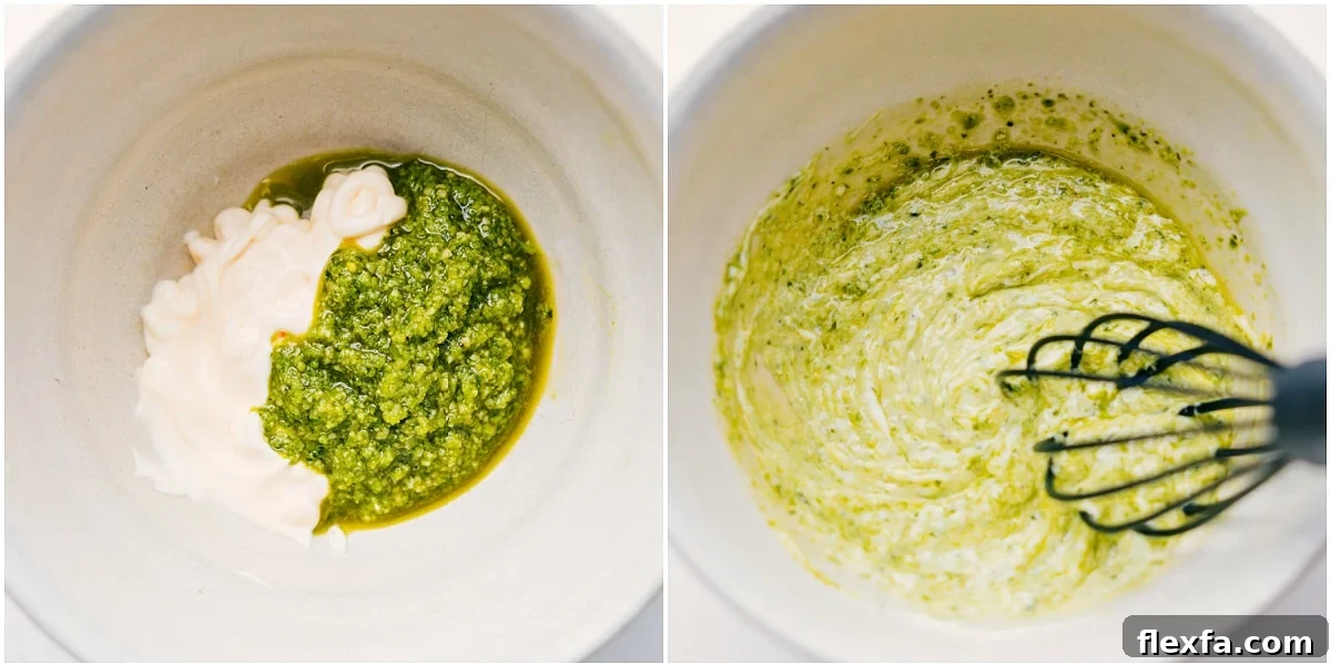 The pesto and mayo spread being whisked together for this sandwich.