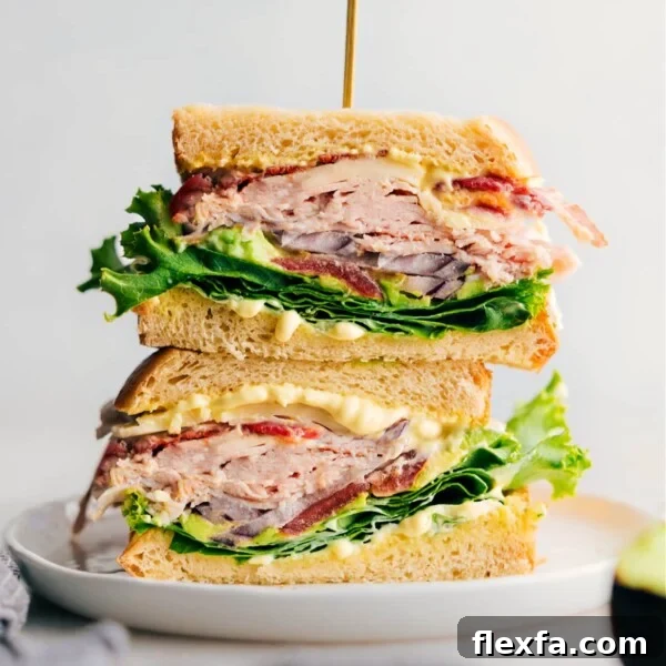 A thick and flavor-packed turkey bacon avocado sandwich made with delicious Thanksgiving leftovers, fresh vegetables, and a savory sauce.