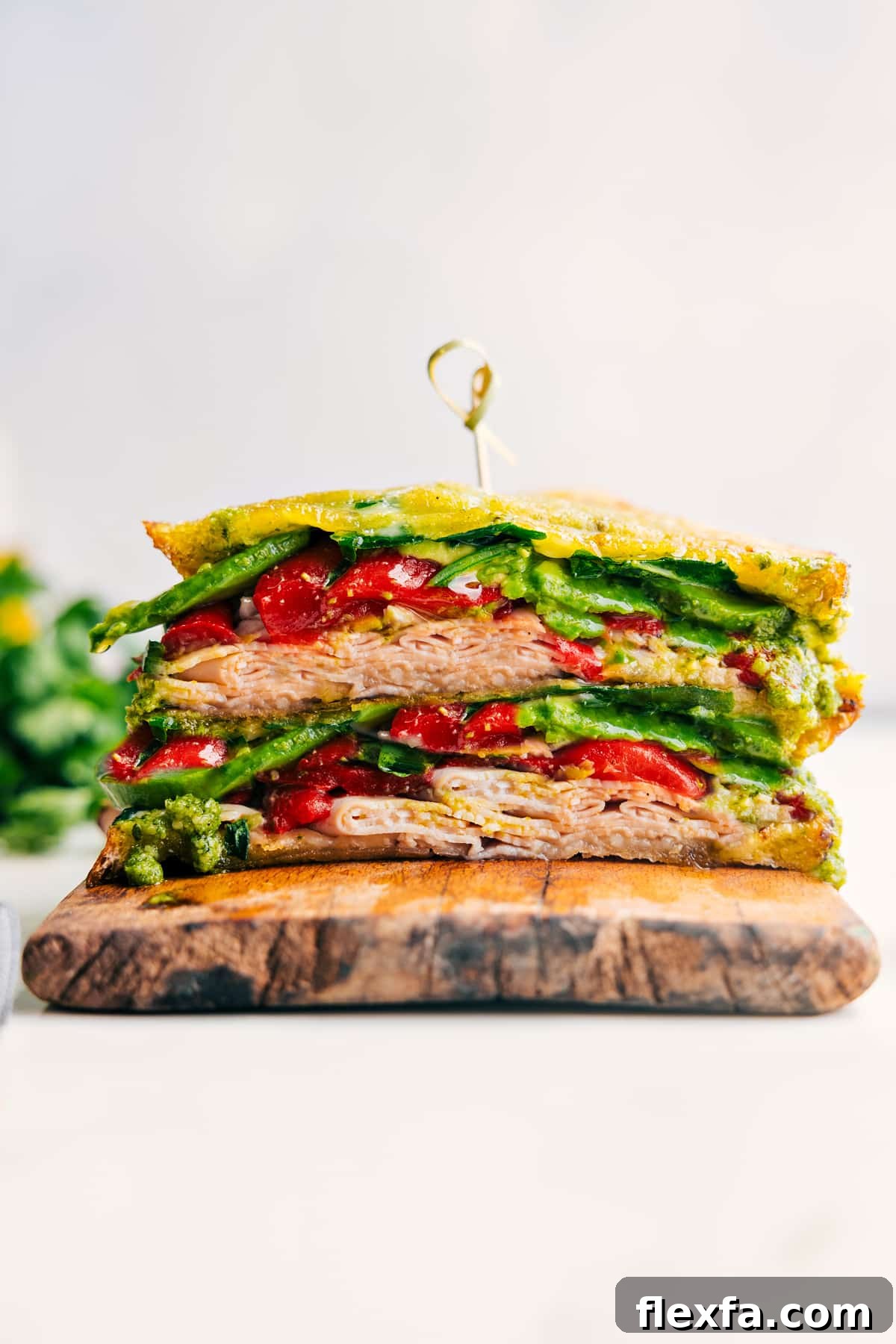Panini Sandwich Recipes stacked with melted cheese, turkey, pesto, avocado, roasted peppers, and arugula.
