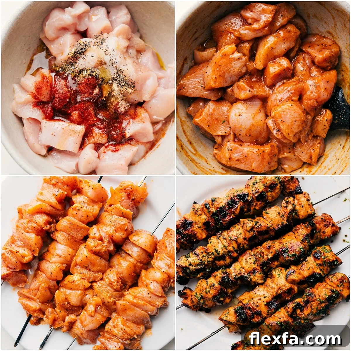 Grilled chicken skewers made with seasoned, oil-coated chicken pieces threaded onto skewers and cooked until lightly charred and juicy.