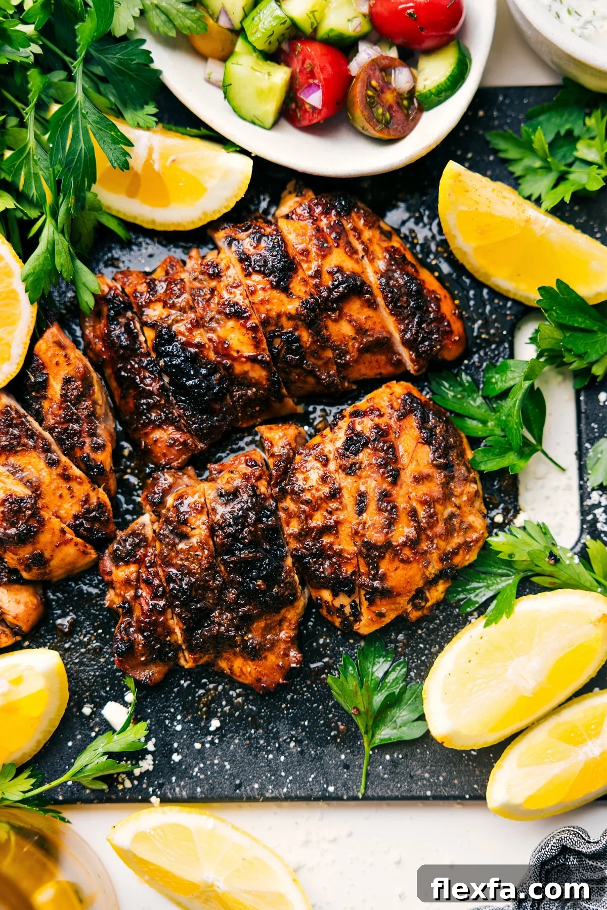 Greek Chicken Thighs on a cutting board with fresh lemons and parsley on the side.