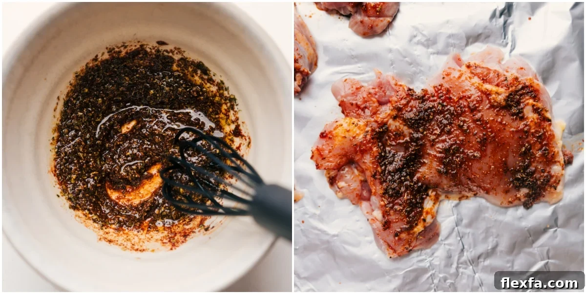 Greek chicken thighs rub being whisked together in a bowl before being added to the chicken.