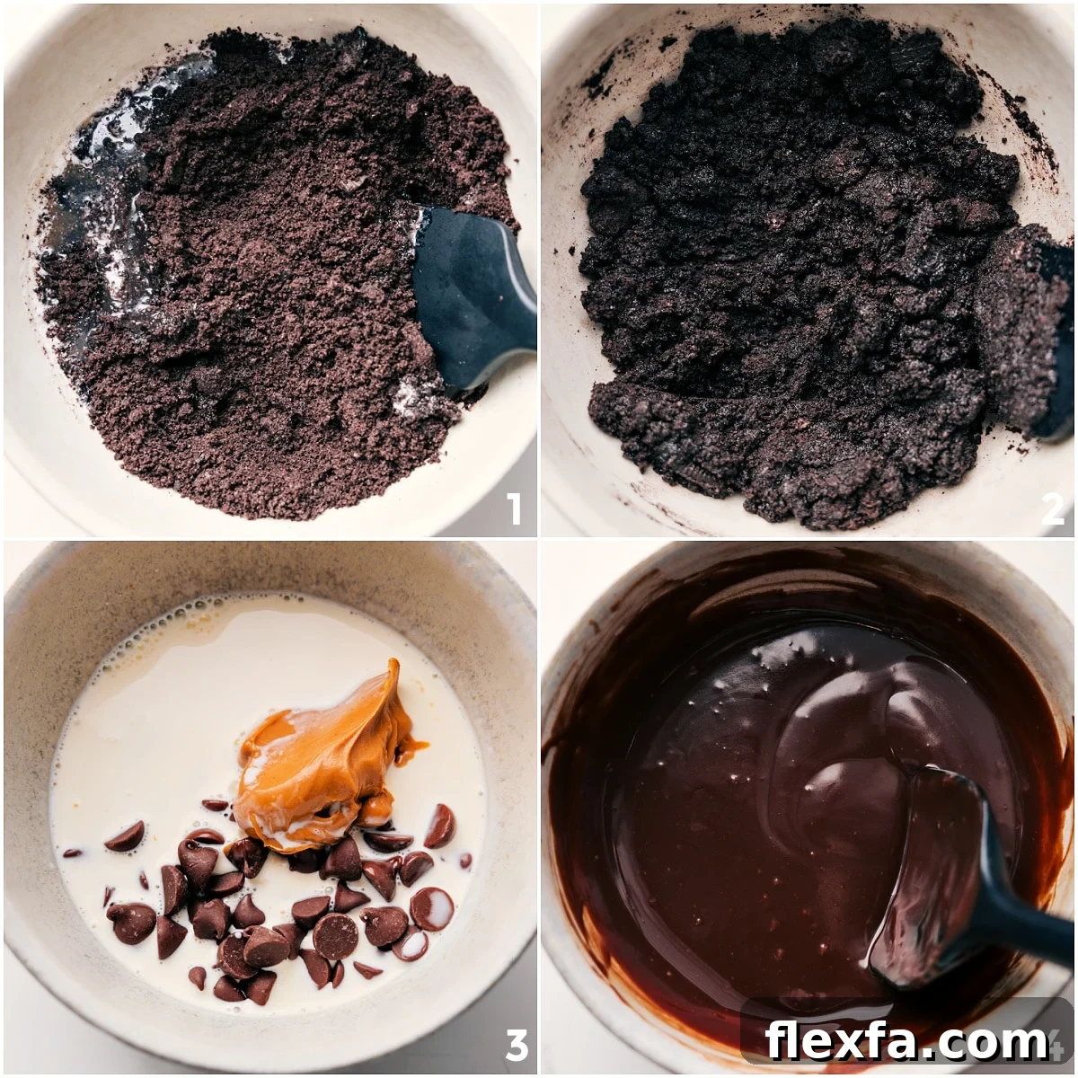 Making the Oreo crust and chocolate ganache layer for this chocolate peanut butter pie recipe.