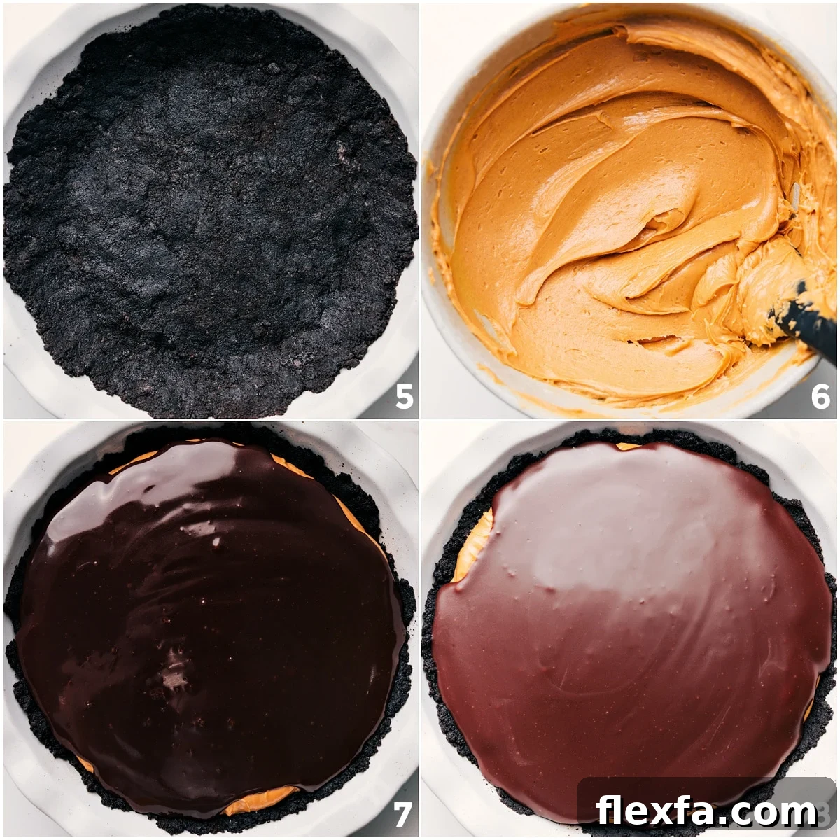 Assembling the pie by adding the crust, peanut butter layer, and chocolate topping.