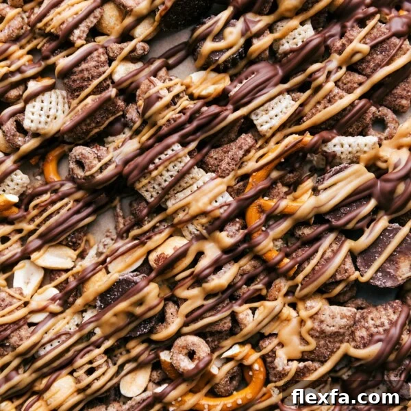 Finished chex mix chocolate peanut butter snack mix, packed with delicious ingredients, ready for enjoyment.