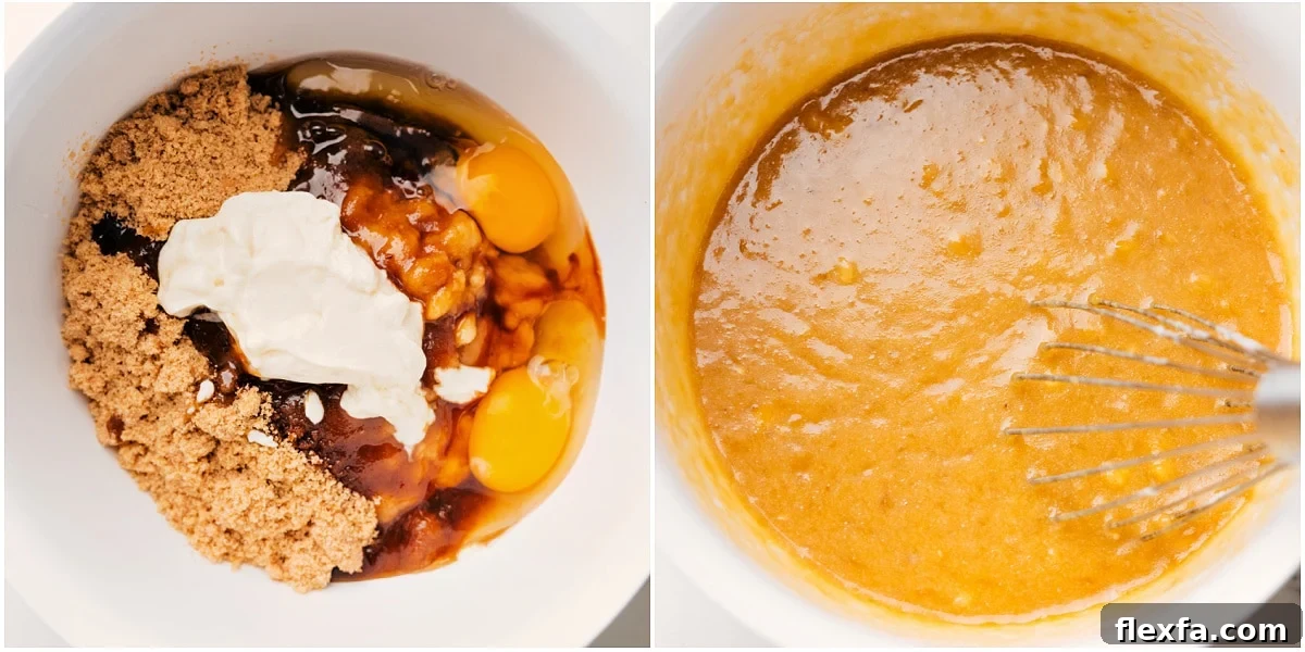 All the wet ingredients combined in a bowl and whisked together.