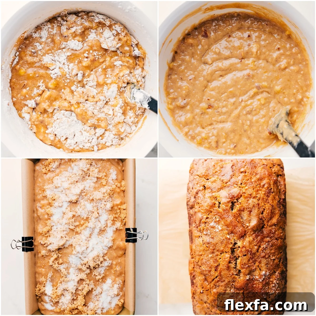 Dry ingredients mixed into wet ingredients for this banana nut bread recipe.