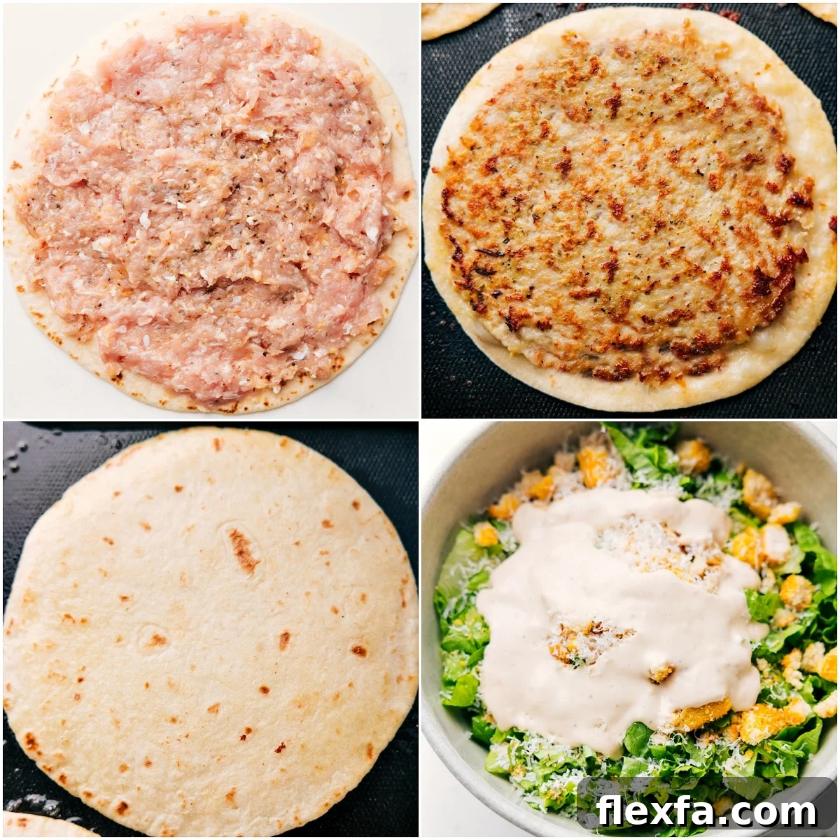 Smashing the seasoned chicken onto tortillas, cooking until golden, and tossing Caesar salad for Chicken Caesar Smashed Tacos.