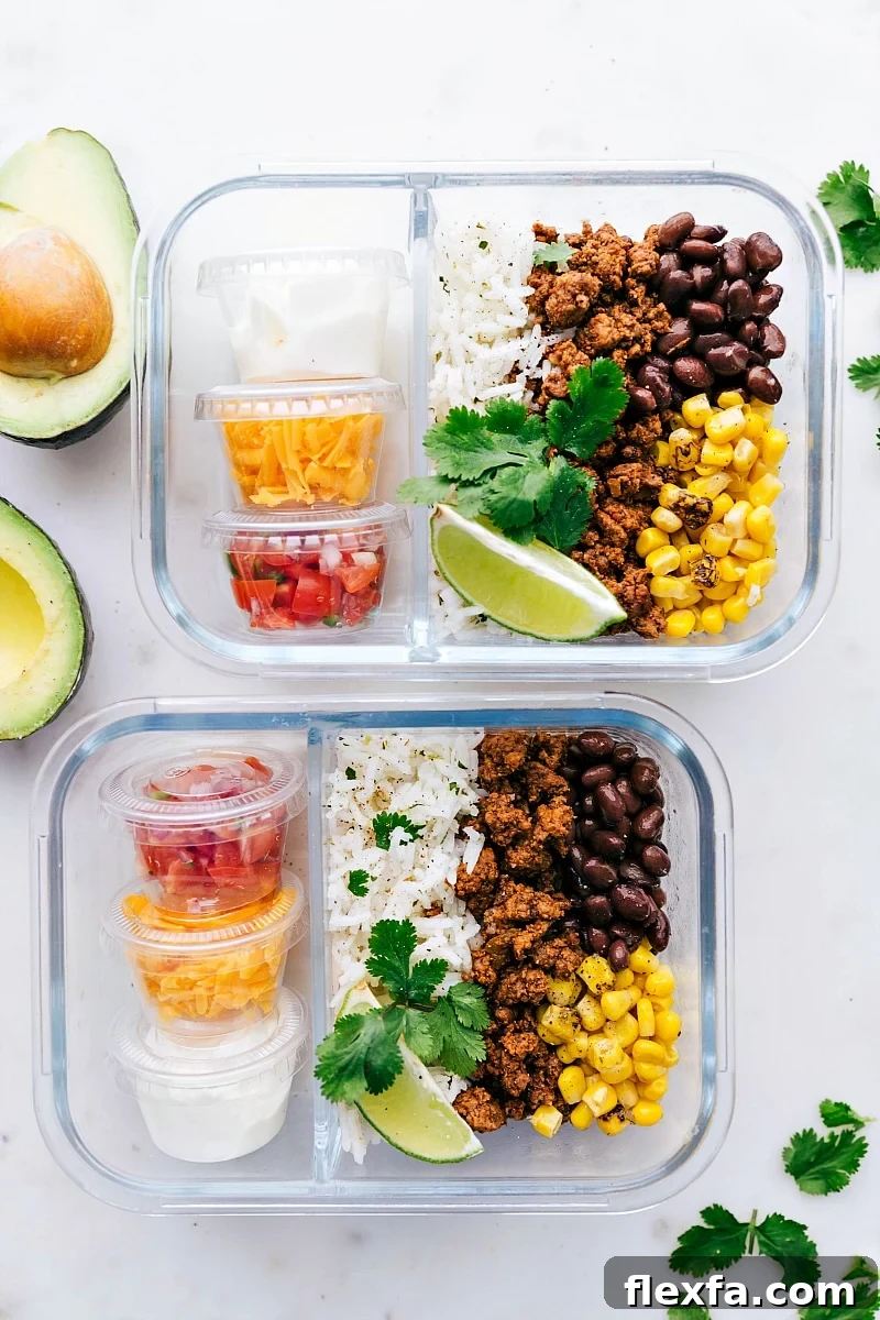 Healthy taco bowls, one of the Best Recipes for Meal Prep, packed in glass containers.