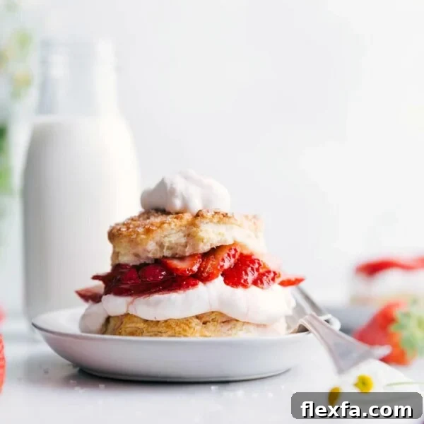 Strawberry Shortcake served with a generous dollop of whipped cream on top, accompanied by a fork on the side of the plate, ready to be enjoyed.